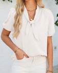 Solid Bow Tie V-Neck Puff Sleeve Blouse