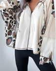 Leopard Waffle Knit Patchwork Zip Up Hoodie