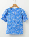 Eyelet Flower Embroidery Frilled Puff Sleeve Blouse