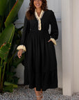 Leopard Frilled Trim V-Neck 3/4 Sleeve Midi Dress