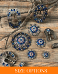 Antique Silver Capri, AB Crystal Conchos - Sizes from 1"- 3" and Buckles