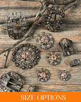 Antique Silver Champagne, AB Crystal Conchos - Sizes from 1"- 3" and Buckles