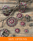 Antique Silver Fuchsia, AB Crystal Conchos - Sizes from 1"- 3" and Buckles
