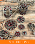 Antique Silver Ruby, Jet Crystal Conchos - Sizes from 1"- 3" and Buckles