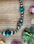22” Massive Turquoise Rondelle Necklace – Sterling Silver Pearls