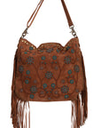 Brown Suede Fringe Beaded Handbag With Floral Embroidery And Textured Embellishments