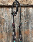 Dark Oil Buckstitch Copper and Turquoise Browband / One Ear / Breastcollar Buckstitch Tack Set