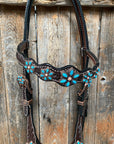 Dark Floral Turquoise Browband/One Ear Tack Set with Wither Strap