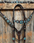 Dark Floral Turquoise Browband/One Ear Tack Set with Wither Strap