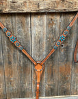 Light Floral Turquoise Browband/One Ear Tack Set with Wither Strap