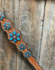 Light Floral Turquoise Browband/One Ear Tack Set with Wither Strap