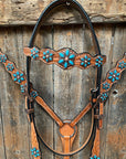 Light Floral Turquoise Browband/One Ear Tack Set with Wither Strap