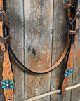 Light Floral Turquoise Browband/One Ear Tack Set with Wither Strap