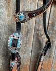 Two Toned Hand Painted Flower Turquoise/Ruby Browband/One Ear Tack Set