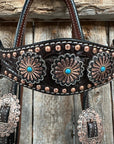 Dark Oil Floral Copper Dot & Turquoise Browband Headstall / Breastcollar Tack Set