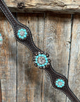Dark Oil Basketweave Turquoise and Clear Browband Tack Set
