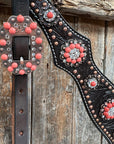 Dark Oil Floral Copper Dot Copper and Coral Browband / Breastcollar Tack Set