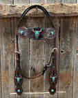 Dark Oil Hand Painted Steer Head and Turquoise Browband/One Ear and Breastcollar Tack Set