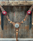 Floral Whipstitch Black and Red Browband / One Ear - Triangle / Gladiator Breastcollar Tack Set