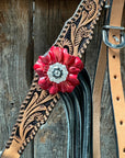 Floral Whipstitch Black and Red Browband / One Ear - Triangle / Gladiator Breastcollar Tack Set