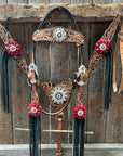 Floral Whipstitch Black and Red Browband / One Ear - Triangle / Gladiator Breastcollar Tack Set