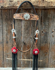 Floral Whipstitch Black and Red Browband / One Ear - Triangle / Gladiator Breastcollar Tack Set