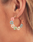 Pink Colorful Flower Hoop Earrings
