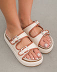 Beige Linen Dual Buckle Strap Thick Sole Slippers
