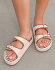 Beige Linen Dual Buckle Strap Thick Sole Slippers