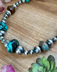 22” Massive Turquoise Rondelle Necklace – Sterling Silver Pearls