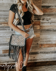 Western-Inspired Hand-Tooled Leather Purse With Fringed Edges And Detachable Strap