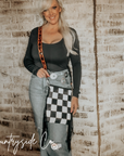 Checkered Cowhide Fringe Purse With Suede Fringe And Leather Strap