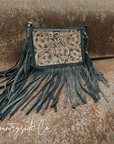 Western-Inspired Hand-Tooled Leather Purse With Fringed Edges And Detachable Strap