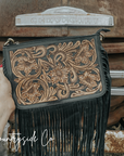 Western-Inspired Hand-Tooled Leather Purse With Fringed Edges And Detachable Strap