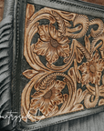 Western-Inspired Hand-Tooled Leather Purse With Fringed Edges And Detachable Strap