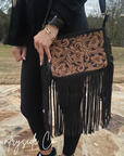 Western-Inspired Hand-Tooled Leather Purse With Fringed Edges And Detachable Strap
