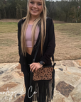 Western-Inspired Hand-Tooled Leather Purse With Fringed Edges And Detachable Strap
