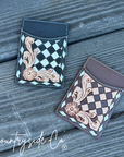 Checkered Tooled Leather Credit Card Holder