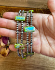 Green/Blue Double Strand Necklace – 13” Beaded – Sterling Silver Pearls & Rectangle Variscite Turquoise