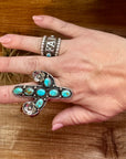Blue Turquoise Cactus Ring with flower - Adjustable - Brass silver