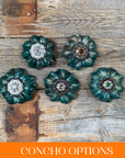 Green Carnations Leather Flowers - 1" Crystal Conchos - Options