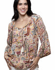 Multifunctional Rayon Western Print Blouse With Tie Front Two Way Peekaboo Sleeves