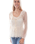 Embroidered Mesh Tie Front Blouse - HC747
