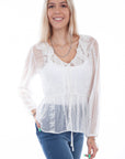 Embroidered Mesh Tie Front Blouse - HC747