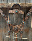 Light Oil Floral Whipstitch and Turquoise Browband/ One Ear Triangle / Gladiator Breastcollar Tack Set