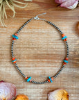 Sterling Silver Pearl Necklace with Orange Spiny Oyster & Sleeping Beauty Turquoise Chips – 14.5”
