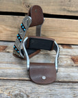 Hand Engraved Black and Blue Western Barrel Racing Stirrups with Leather Footings