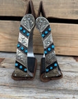 Hand Engraved Black and Blue Western Barrel Racing Stirrups with Leather Footings
