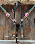 Multi Flower Hot Pink Browband / One Ear - Breastcollar Tack Set