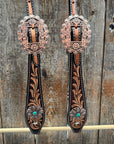 Two Tone Floral Western Turquoise Flower Browband / One Ear Tack Set